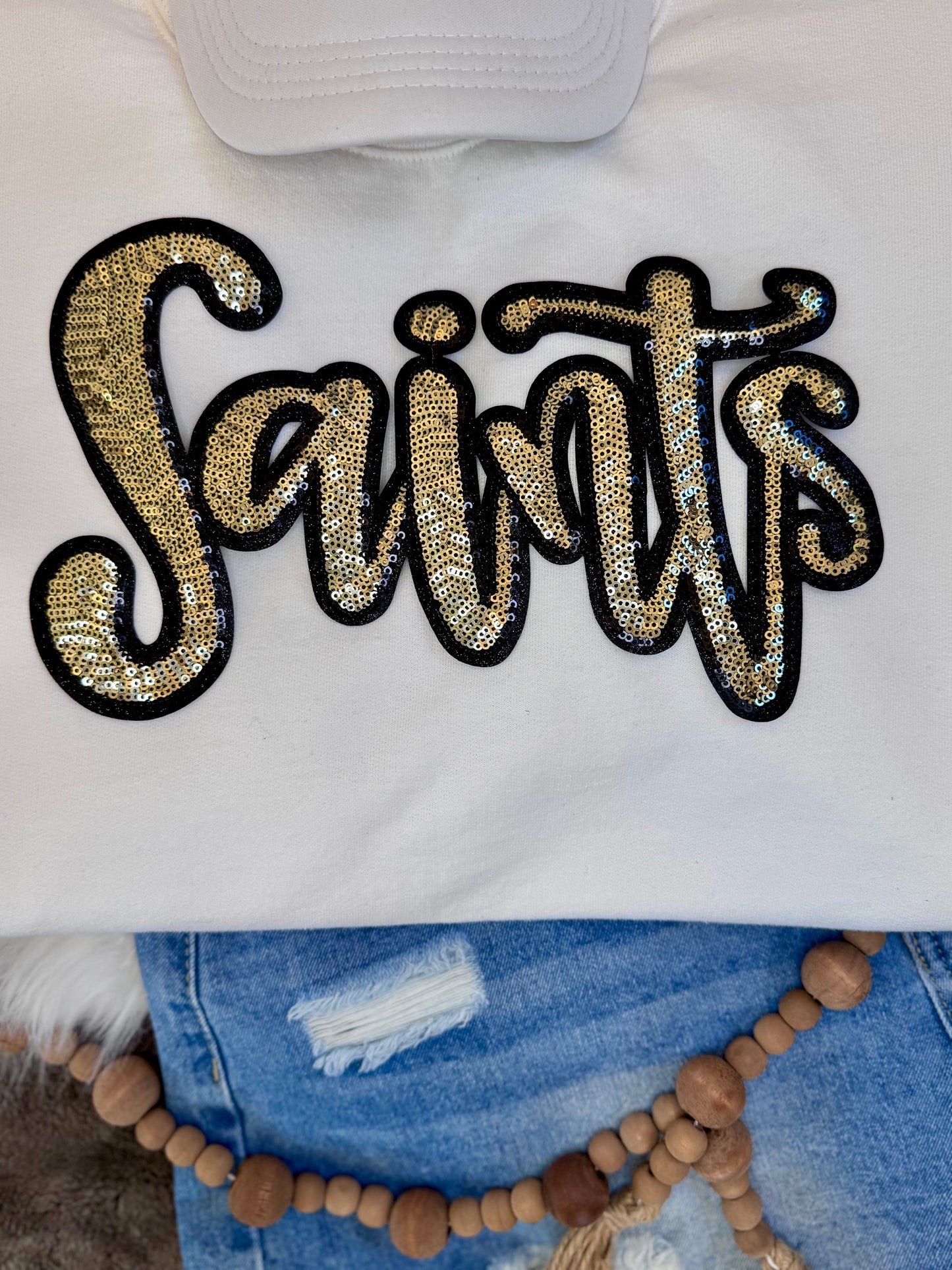 Sequin Script Saints Patch: Black Glitter Iron On Applique, School Mascot