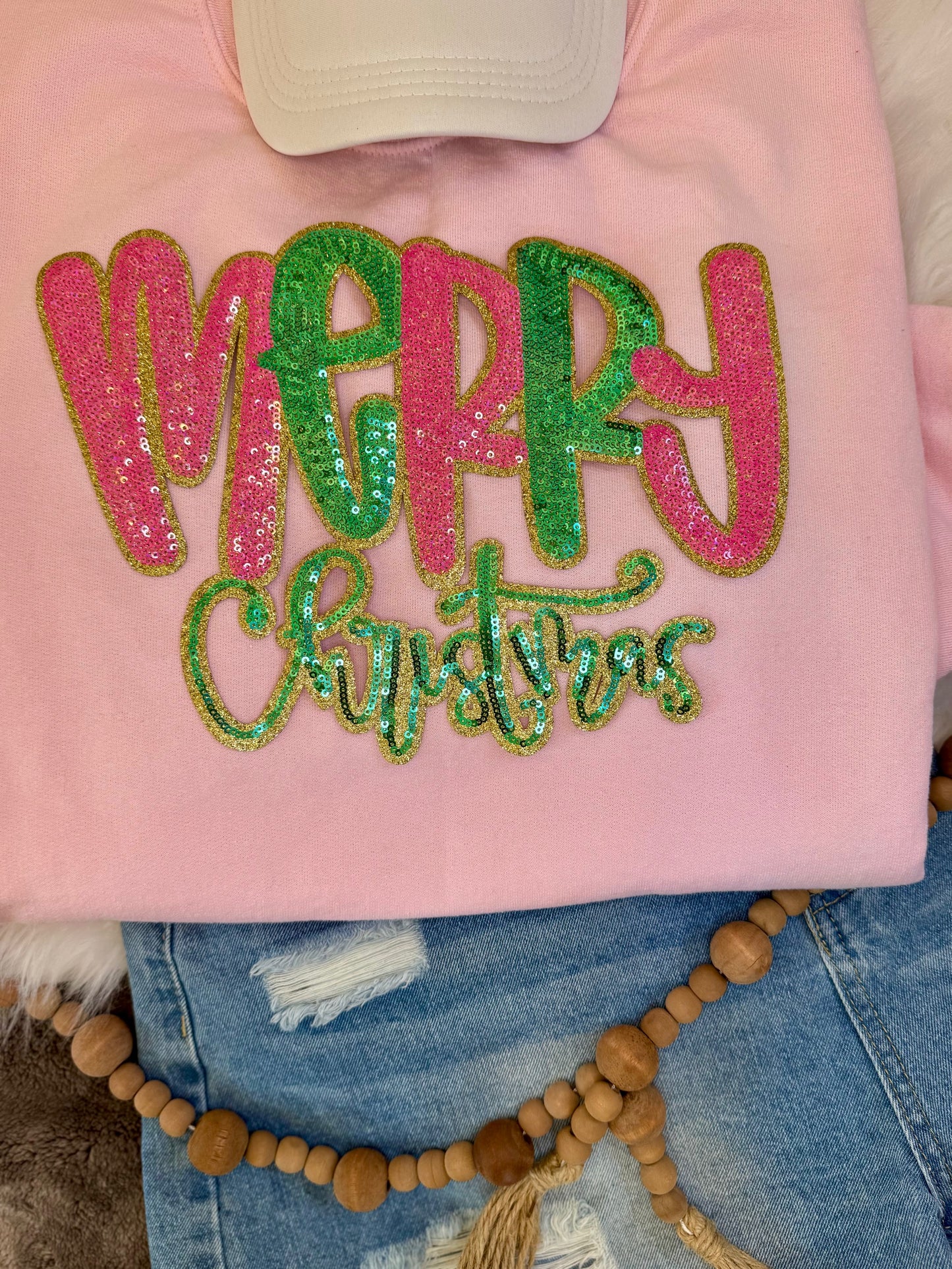 Merry Christmas Patch: Christmas Applique - 11 inch patch, Sequin Patch
