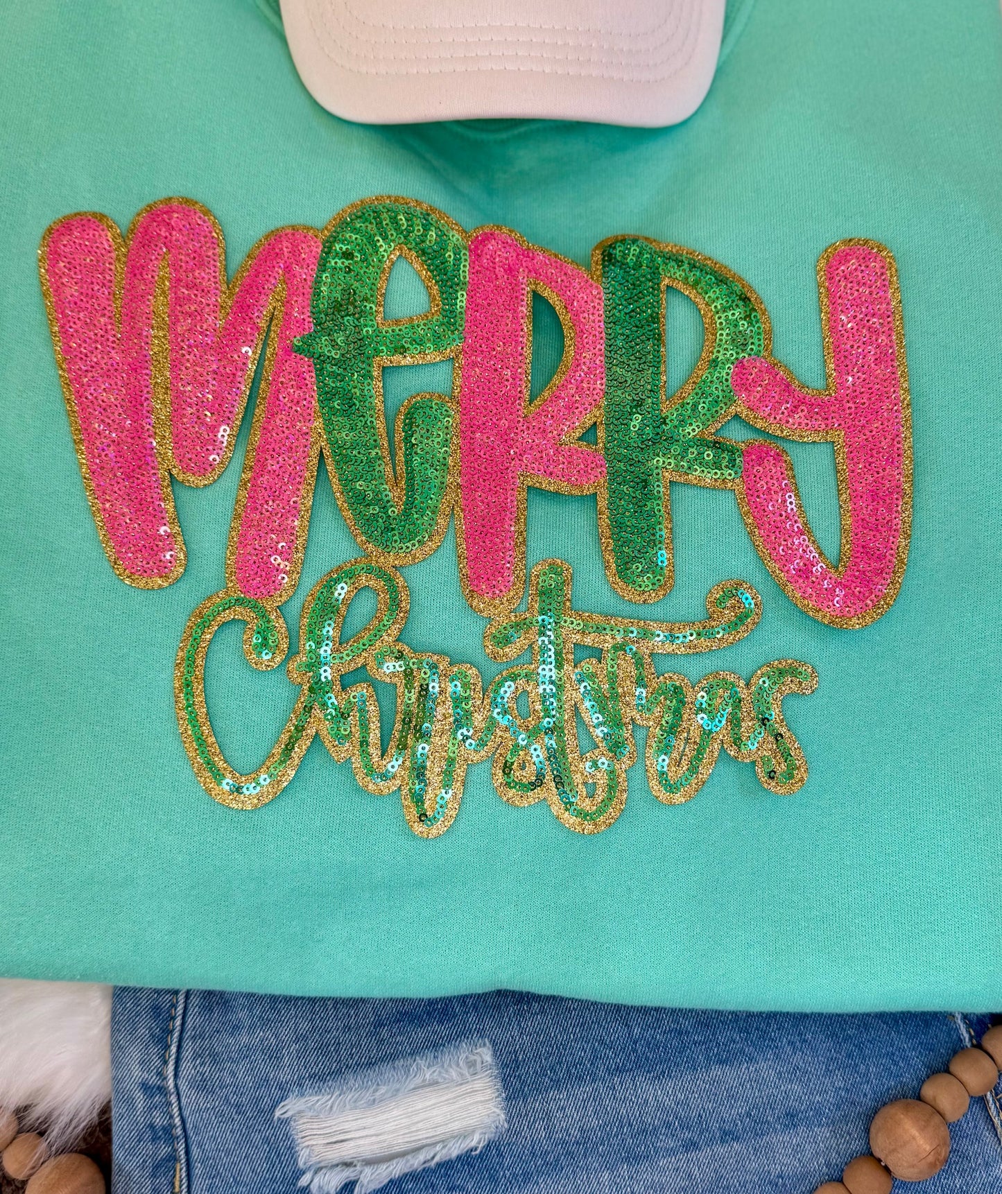 Merry Christmas Patch: Christmas Applique - 11 inch patch, Sequin Patch