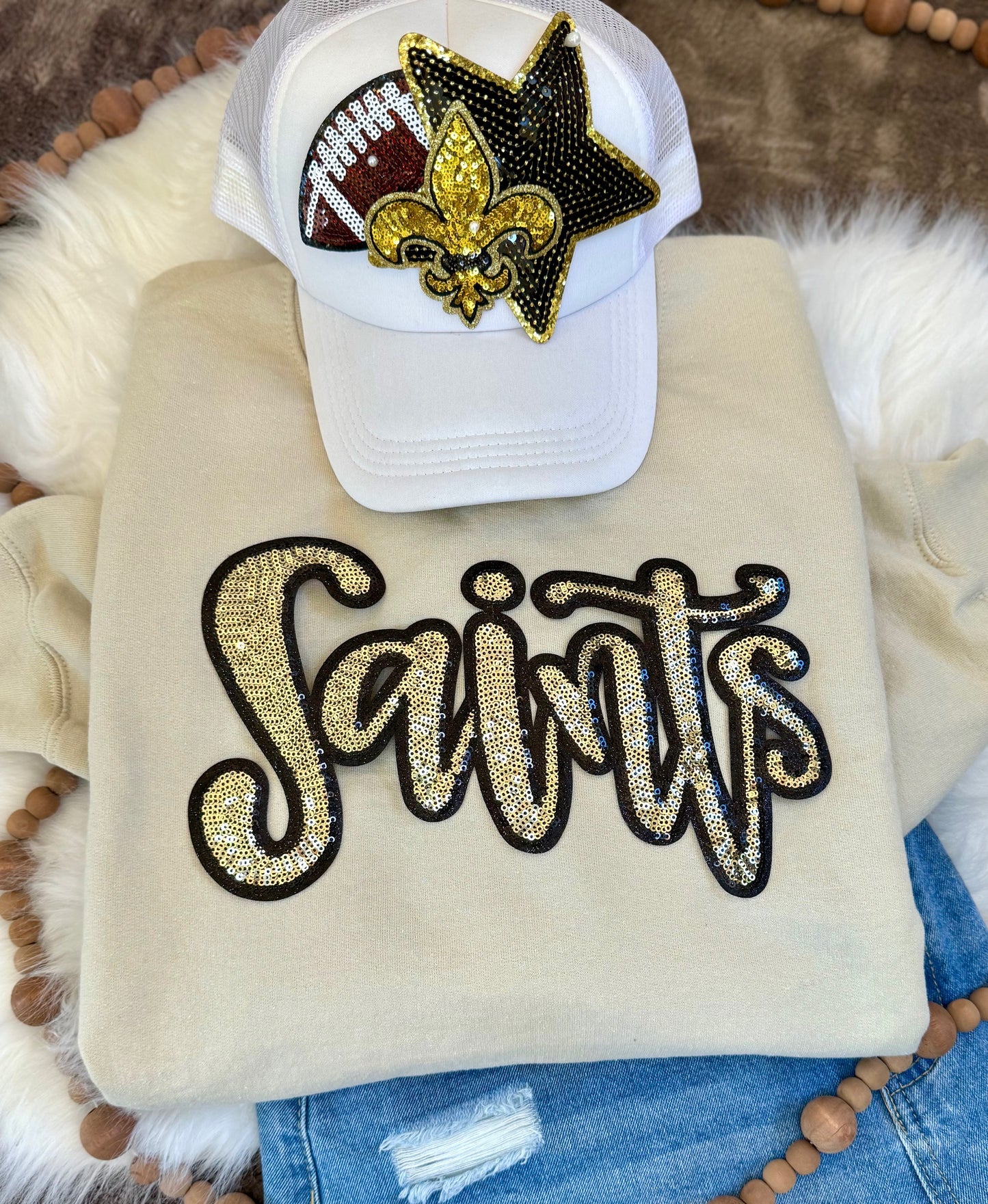 Sequin Script Saints Patch: Black Glitter Iron On Applique, School Mascot