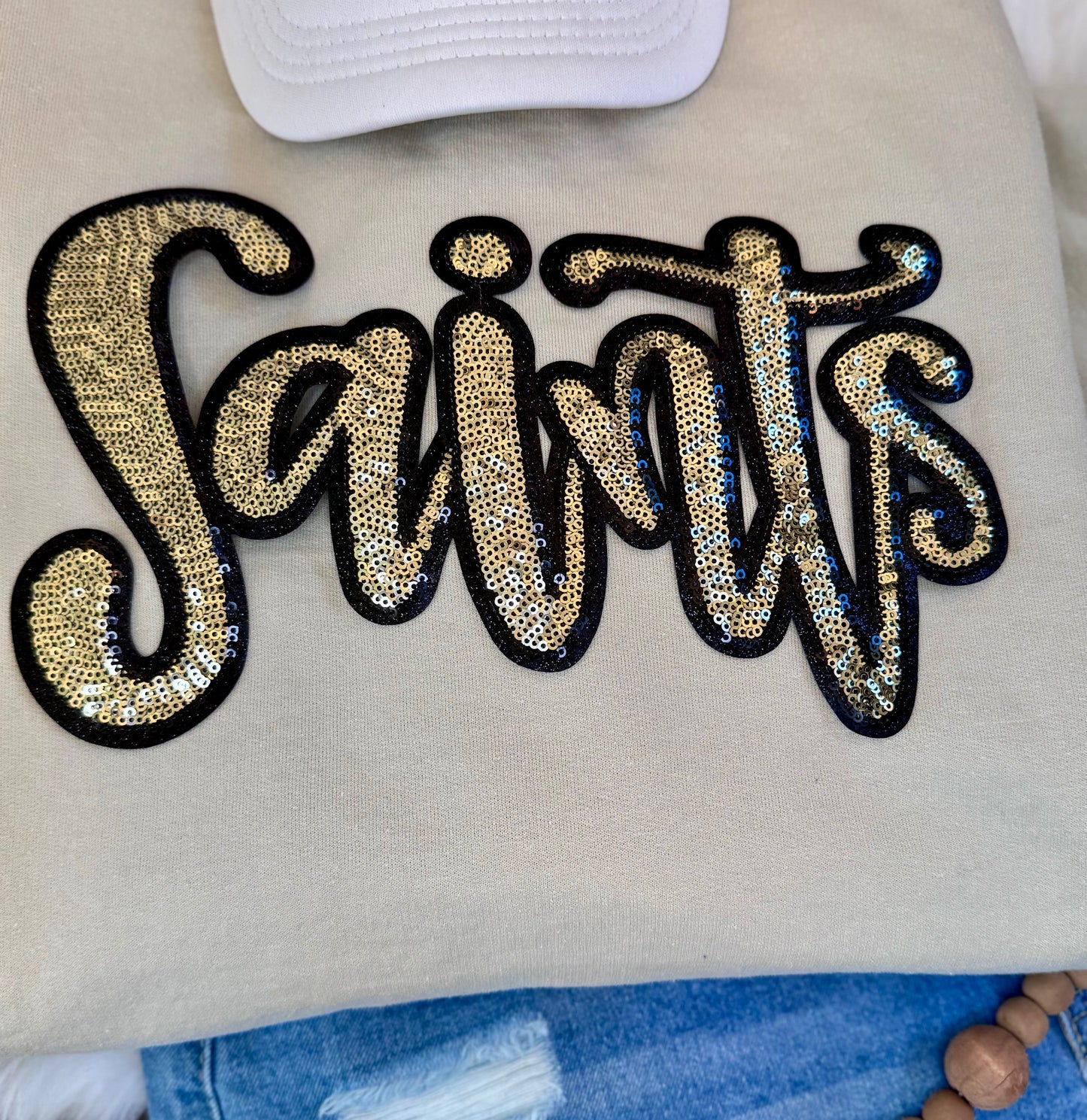 Sequin Script Saints Patch: Black Glitter Iron On Applique, School Mascot