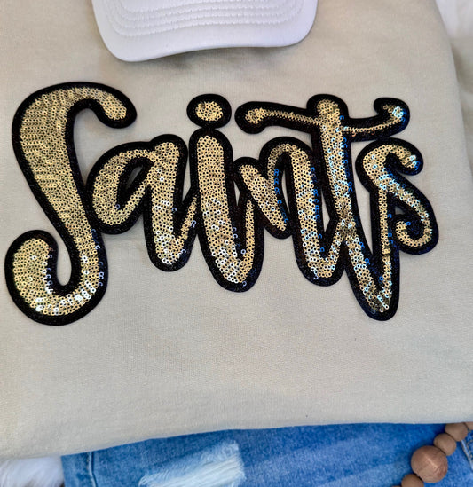 Sequin Script Saints Patch: Black Glitter Iron On Applique, School Mascot