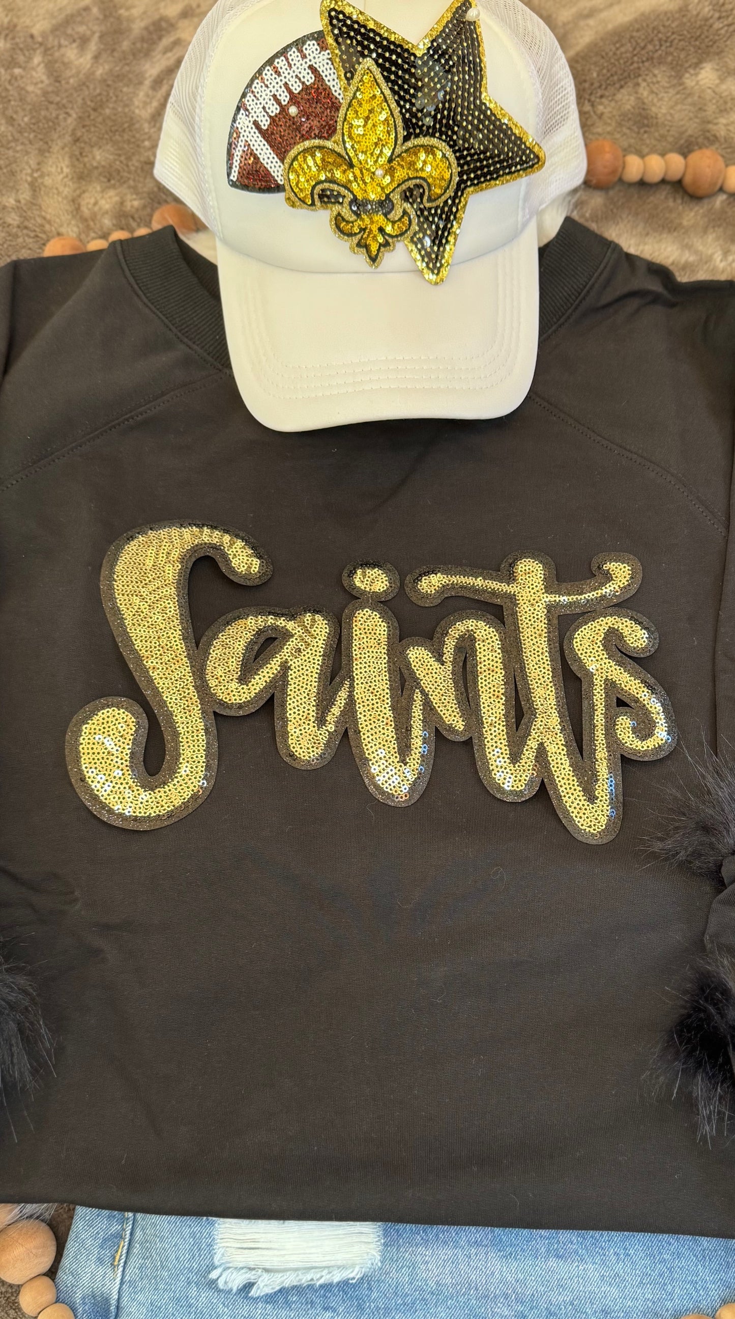Sequin Script Saints Patch: Black Glitter Iron On Applique, School Mascot
