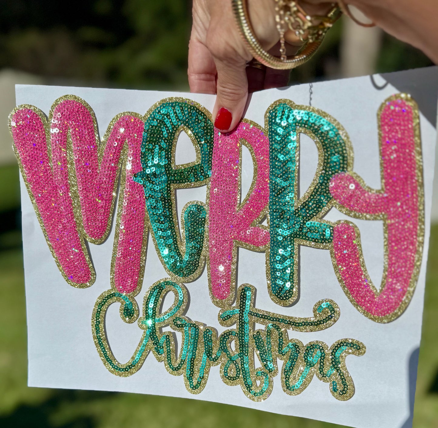 Merry Christmas Patch: Christmas Applique - 11 inch patch, Sequin Patch