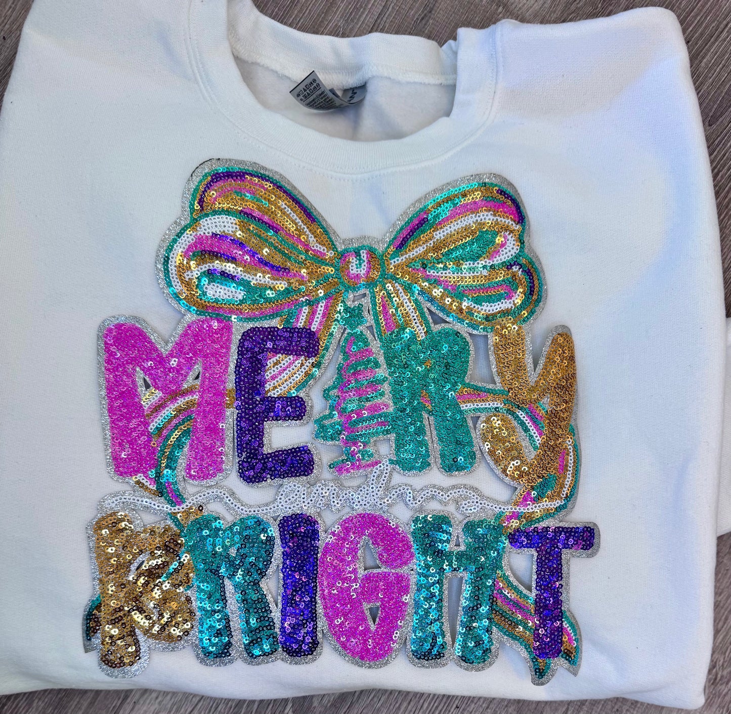 Merry and Bright Sequin Patch: Iron-On Christmas Applique - 10 inch