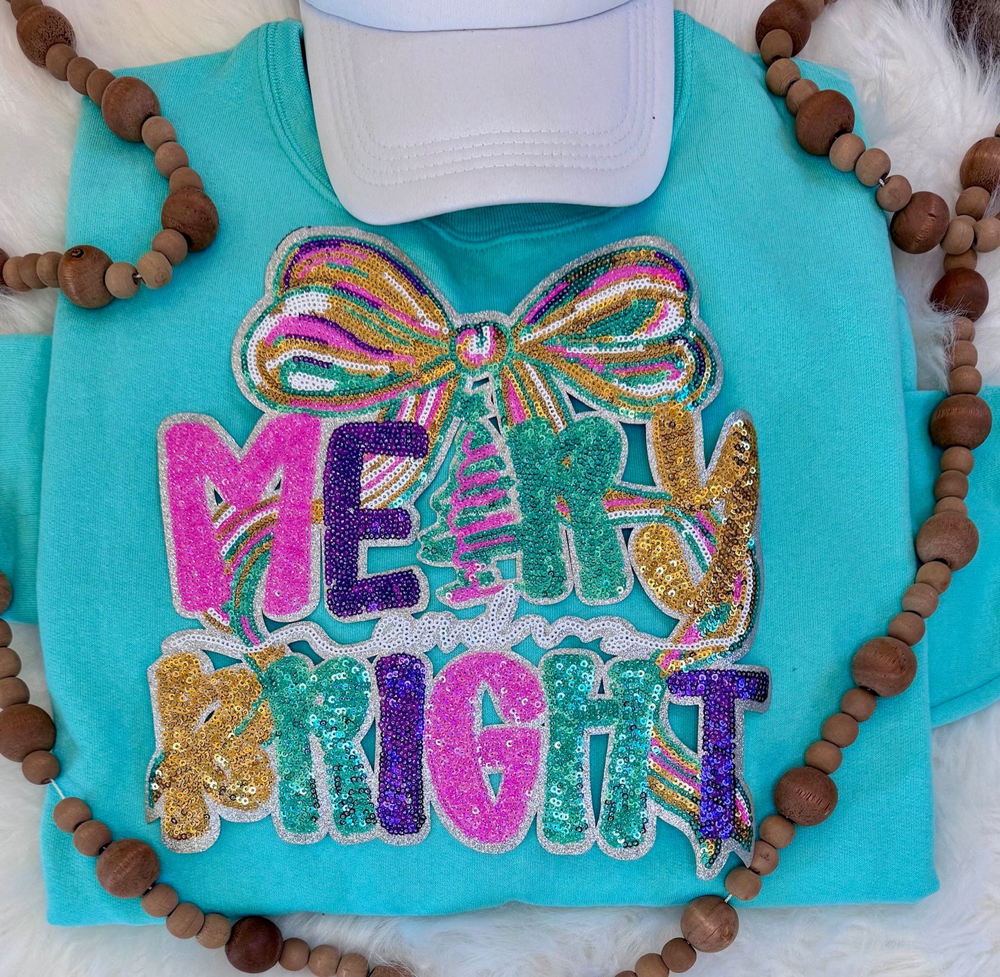Merry and Bright Sequin Patch: Iron-On Christmas Applique - 10 inch
