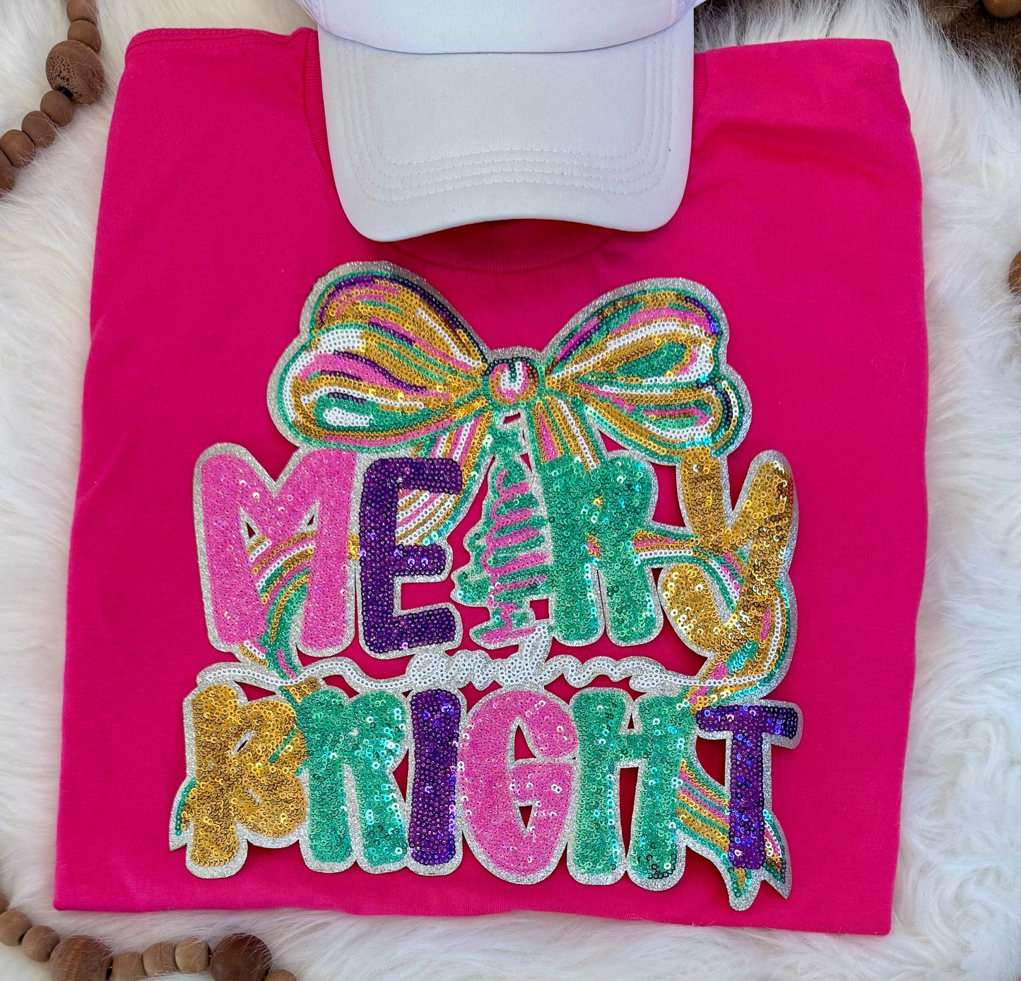 Merry and Bright Sequin Patch: Iron-On Christmas Applique - 10 inch