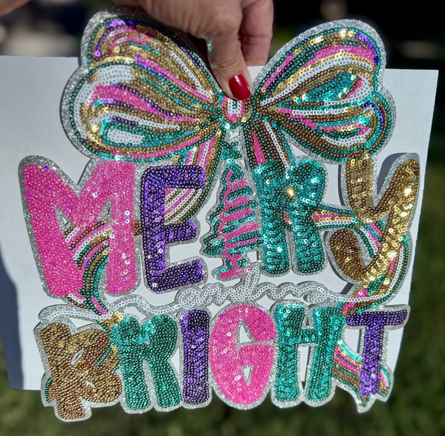Merry and Bright Sequin Patch: Iron-On Christmas Applique - 10 inch