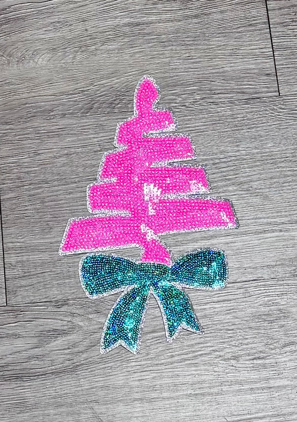 Christmas Tree Sequin Patch, Pink and Green Patch- Iron on Applique (11 inch)