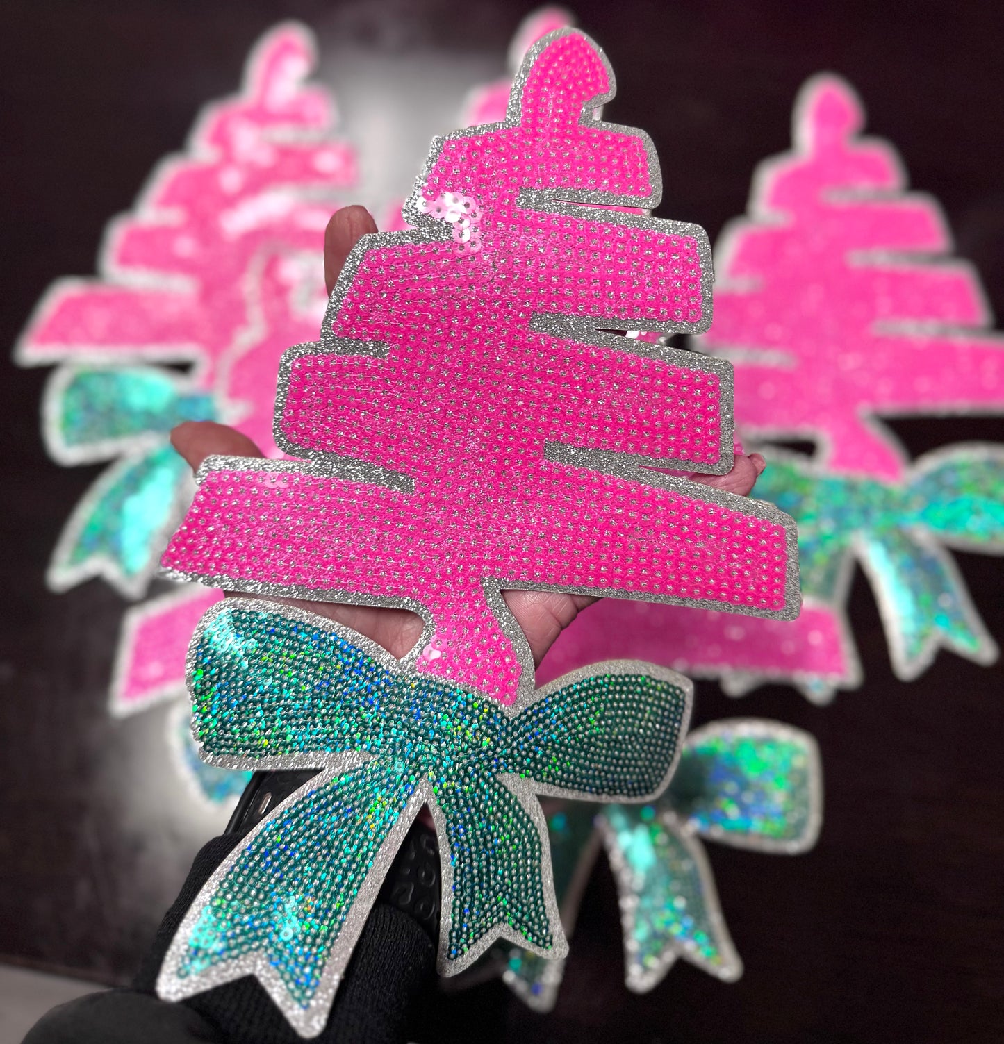 Christmas Tree Sequin Patch, Pink and Green Patch- Iron on Applique (11 inch)