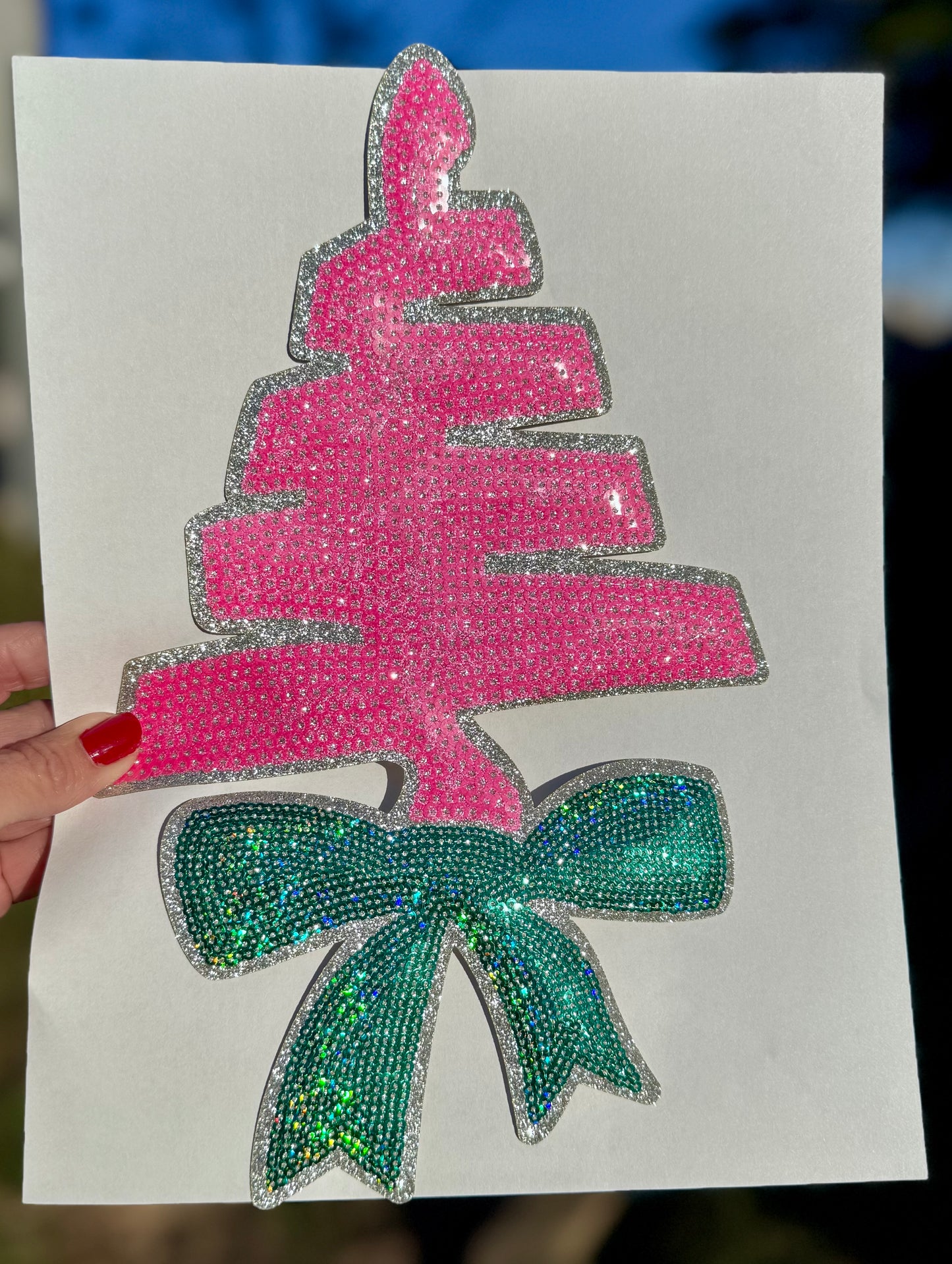 Christmas Tree Sequin Patch, Pink and Green Patch- Iron on Applique (11 inch)