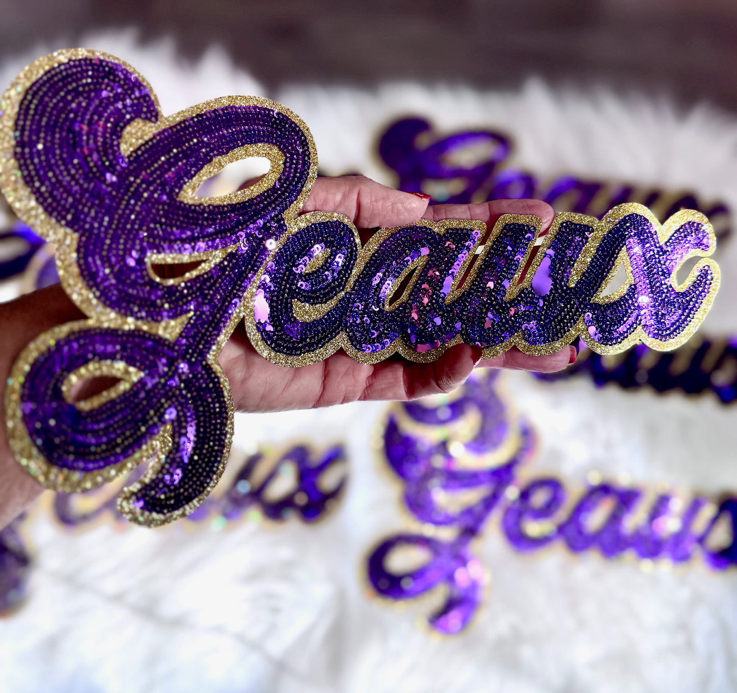 Sequin Script Geaux Patch: Gold Glitter Iron on Applique