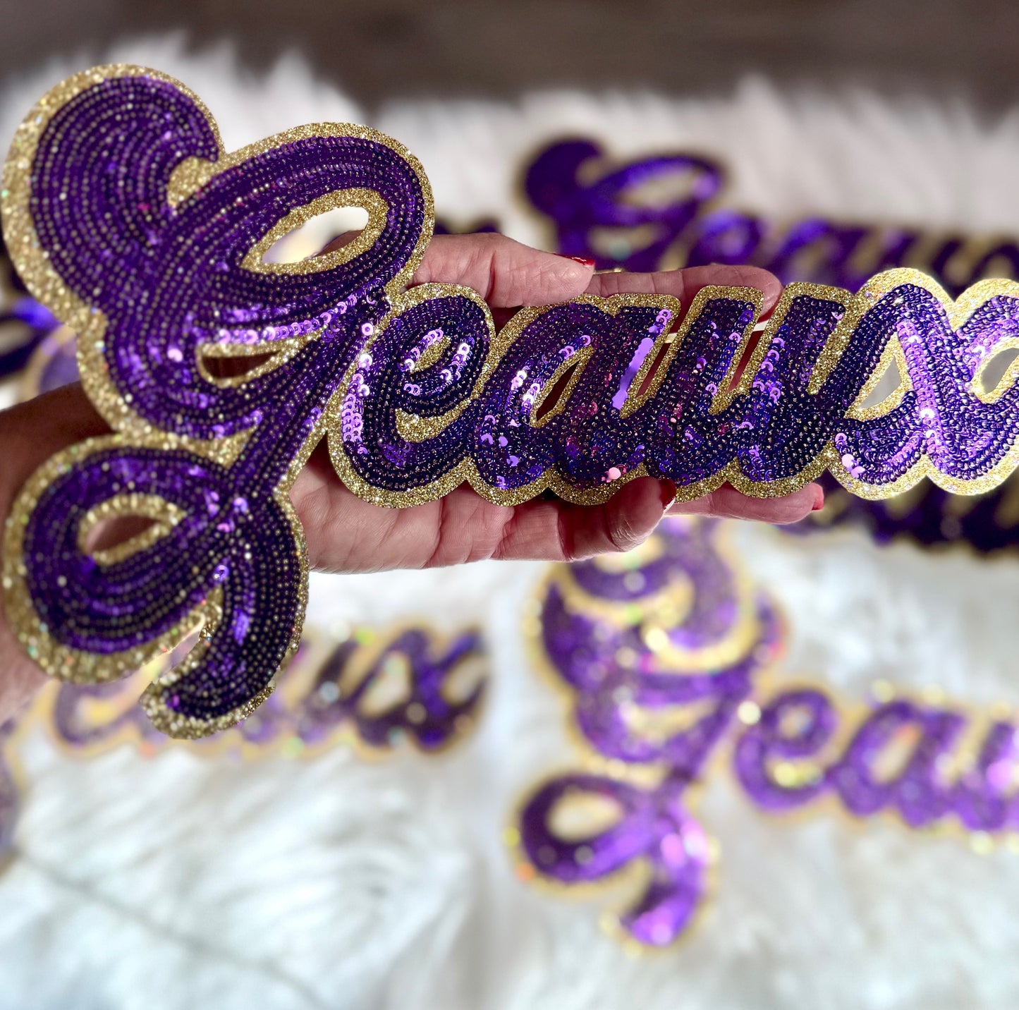 Sequin Script Geaux Patch: Gold Glitter Iron on Applique