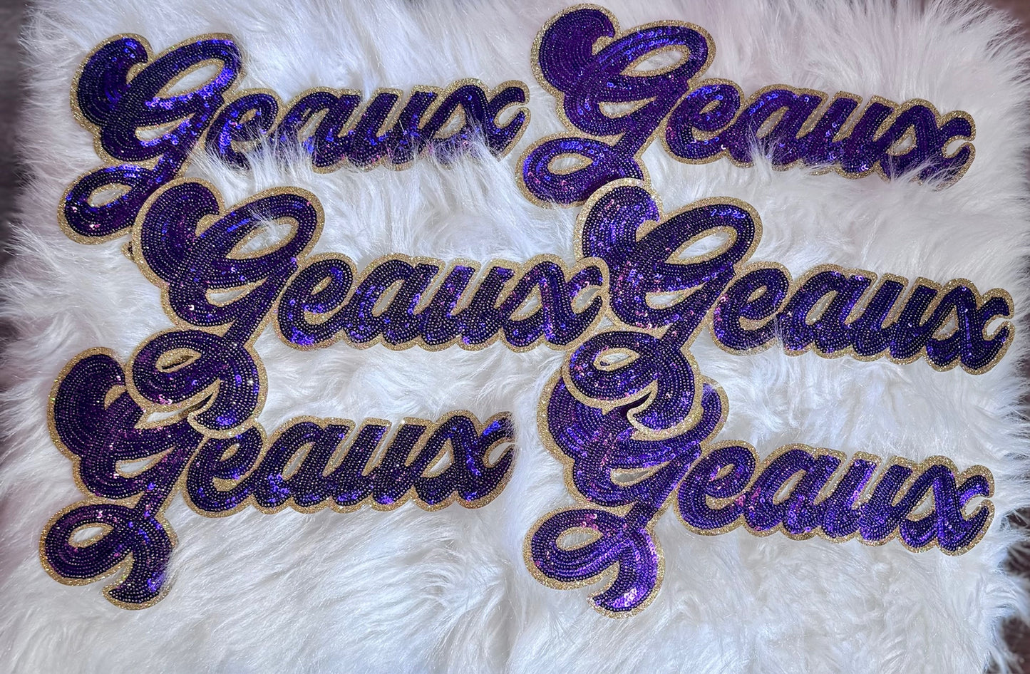 Sequin Script Geaux Patch: Gold Glitter Iron on Applique