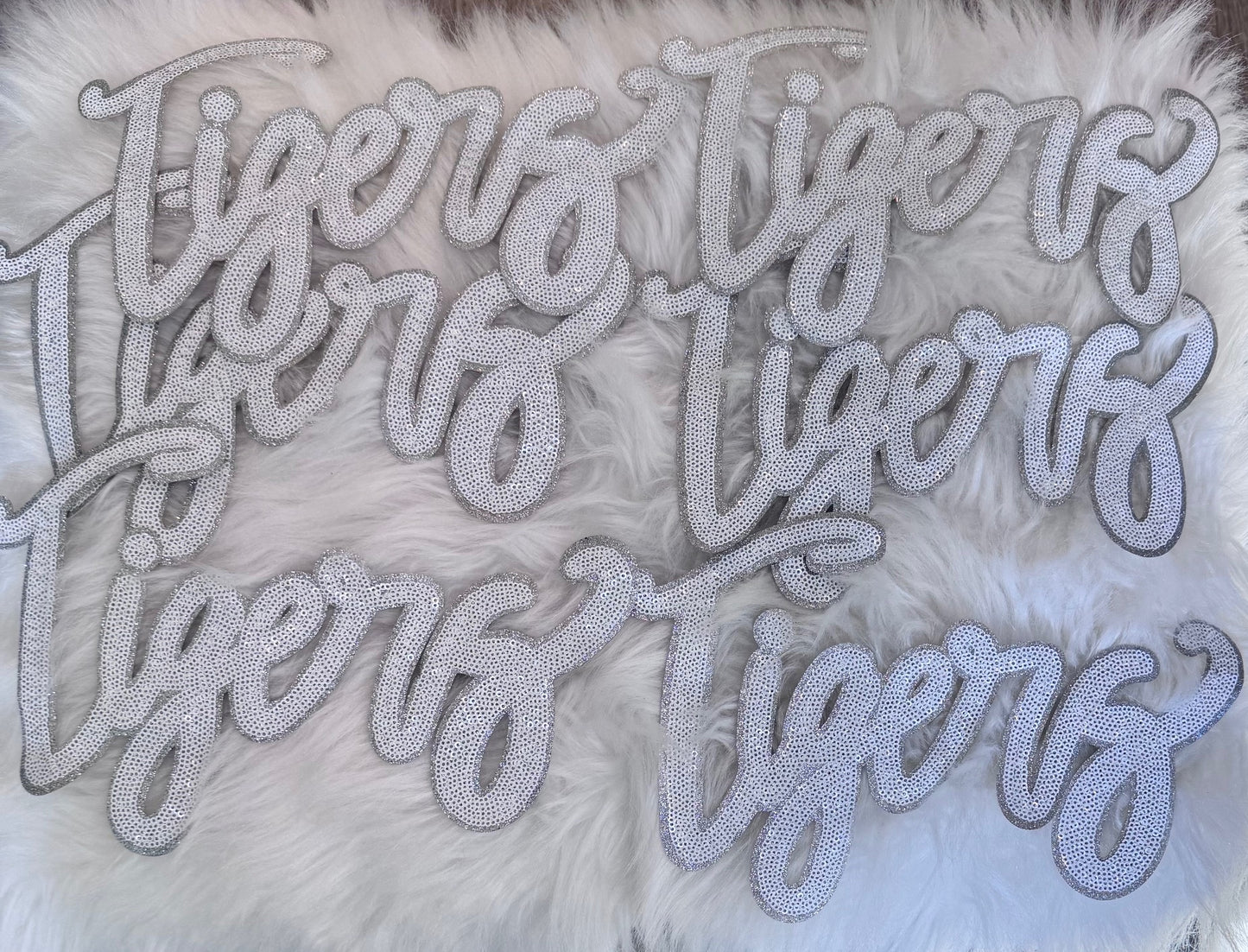 Sequin Tigers Patch: 11" White & Silver Glitter Iron-On, DIY