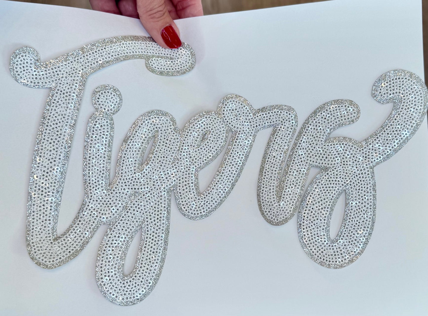 Sequin Tigers Patch: 11" White & Silver Glitter Iron-On, DIY