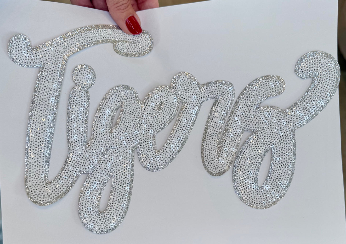 Sequin Tigers Patch: 11" White & Silver Glitter Iron-On, DIY
