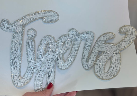 Sequin Tigers Patch: 11" White & Silver Glitter Iron-On, DIY