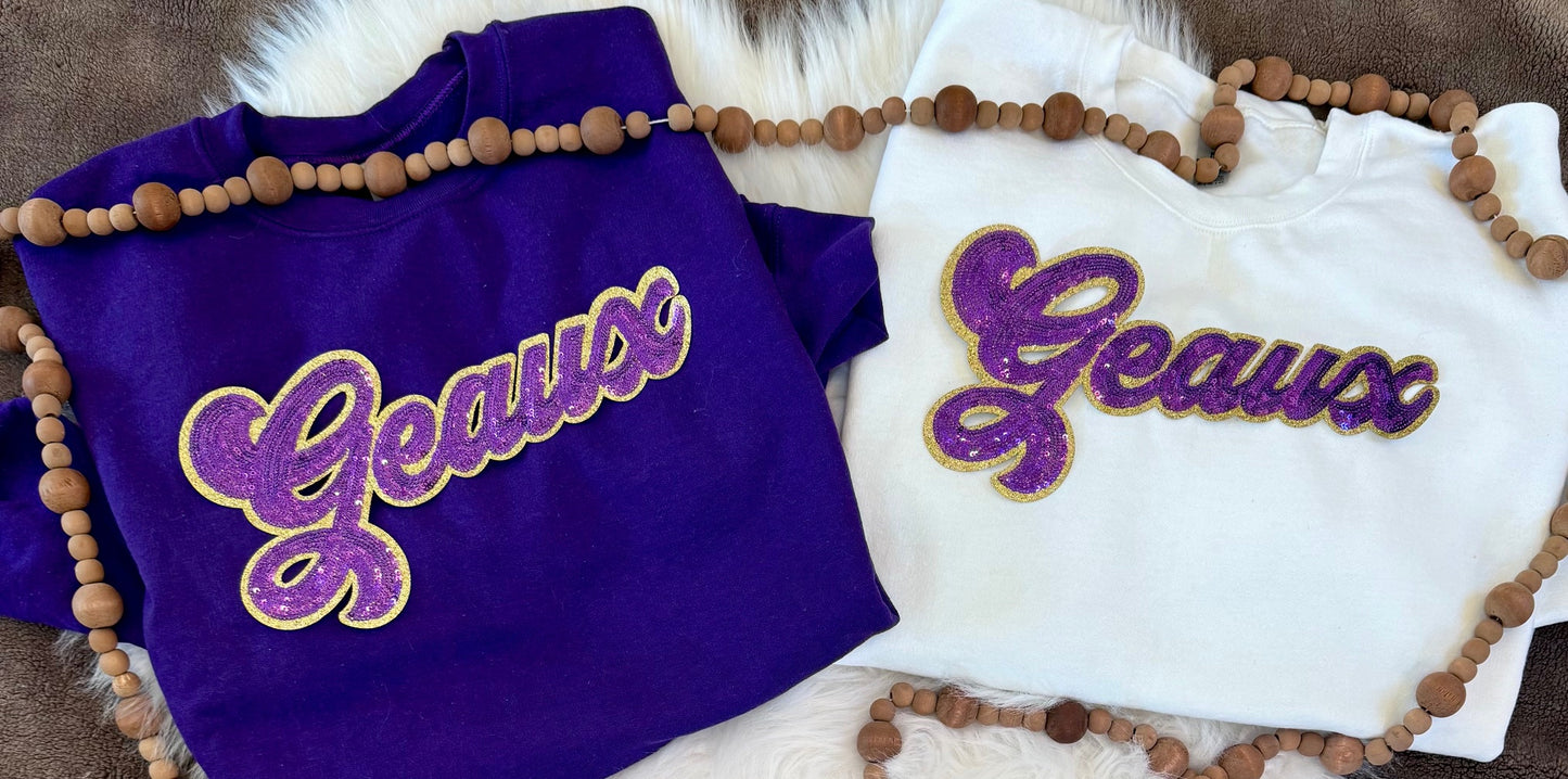 Sequin Script Geaux Patch: Gold Glitter Iron on Applique