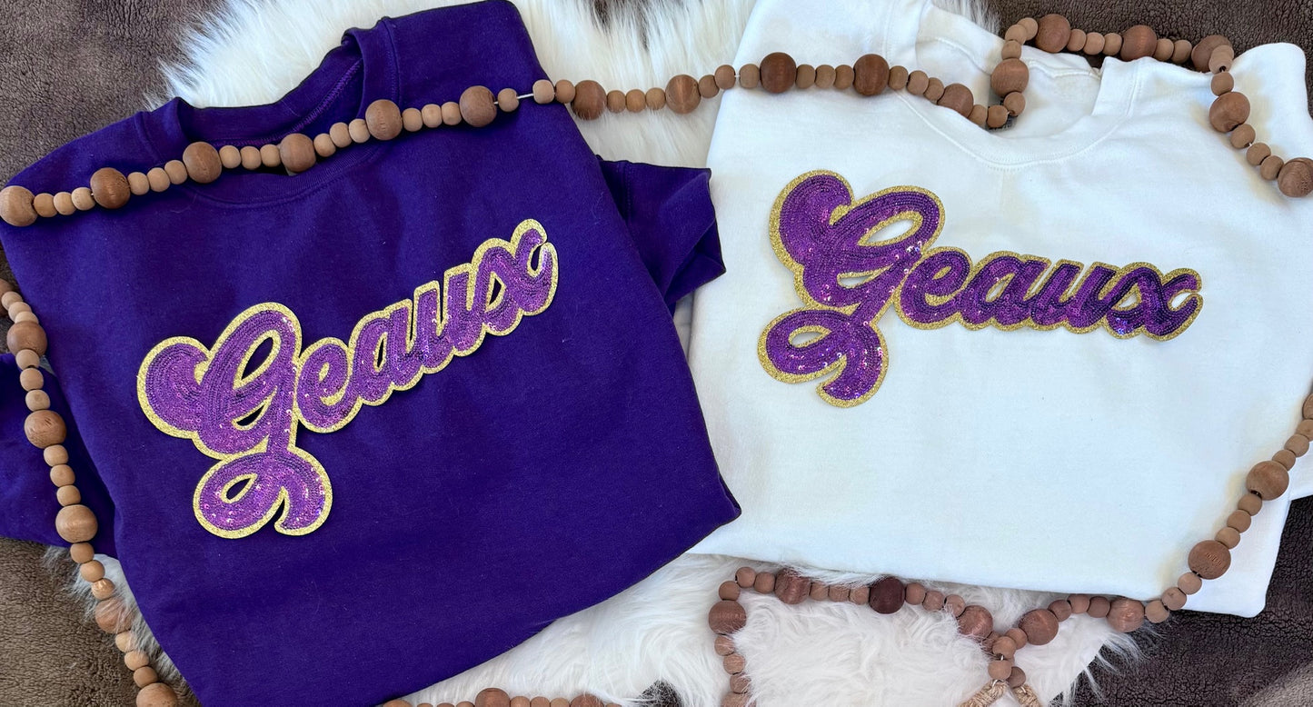 Sequin Script Geaux Patch: Gold Glitter Iron on Applique