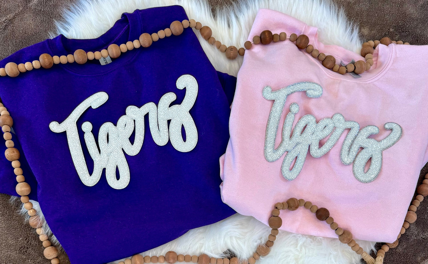 Sequin Tigers Patch: 11" White & Silver Glitter Iron-On, DIY