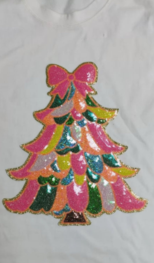 Christmas Tree Bow, Sequin Bow Iron on Patch