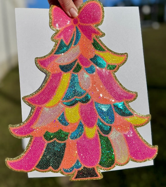 Sequin Christmas Tree , Sequin Bow Iron on Patch