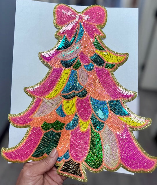 Sequin Christmas Tree , Sequin Bow Iron on Patch