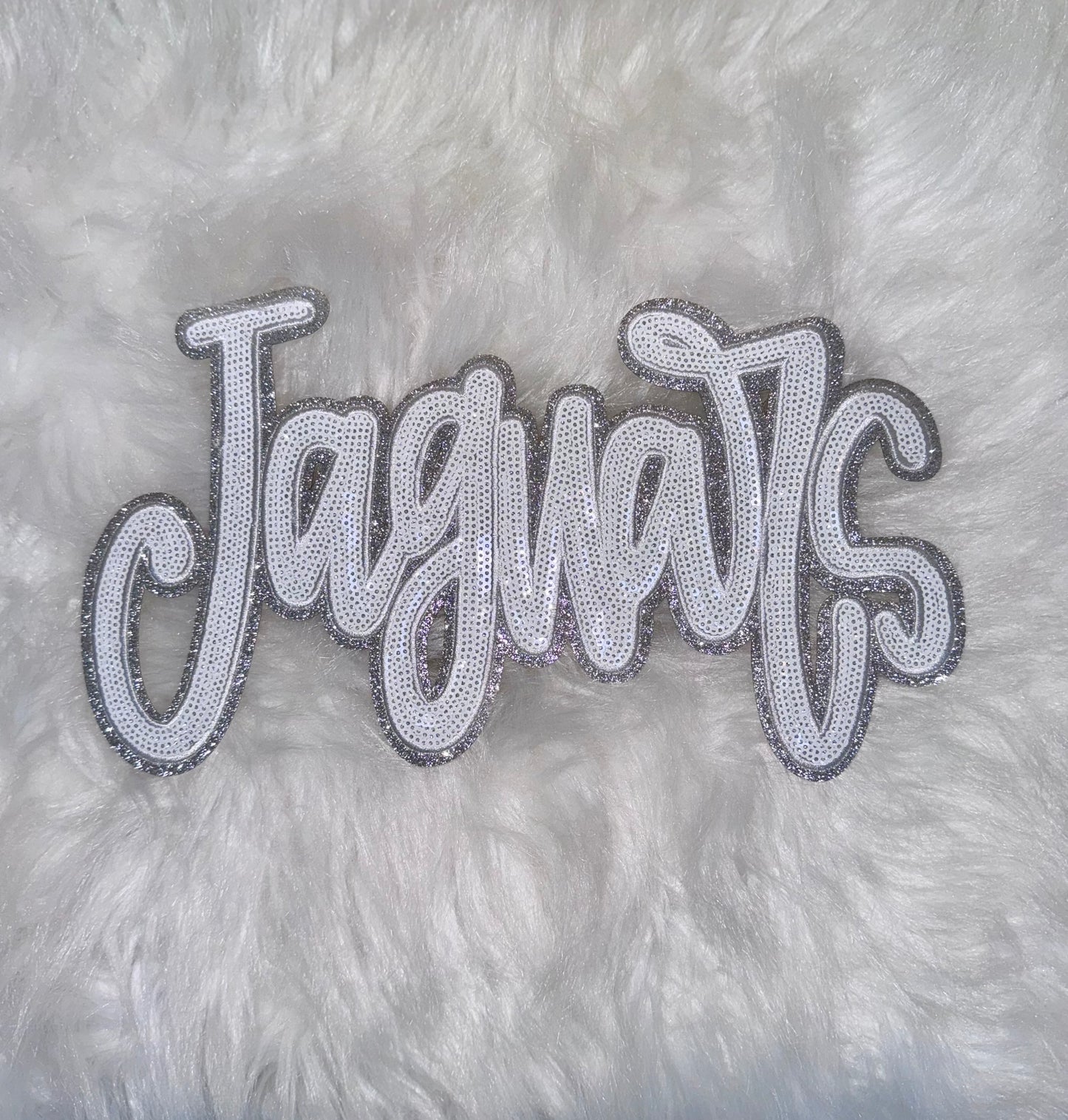 Sequin Jaguars Patch: 11" White & Silver Glitter Iron-On, DIY, Iron on Patches