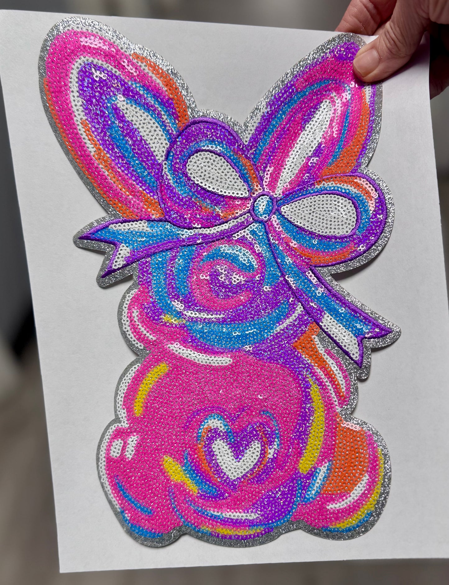 Easter Patches, Sequin Bunny Patch: Sequin Iron-On Applique (10.75” x 7”)