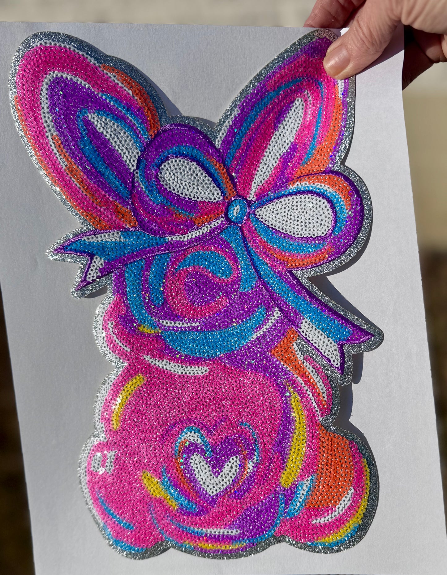 Easter Patches, Sequin Bunny Patch: Sequin Iron-On Applique (10.75” x 7”)