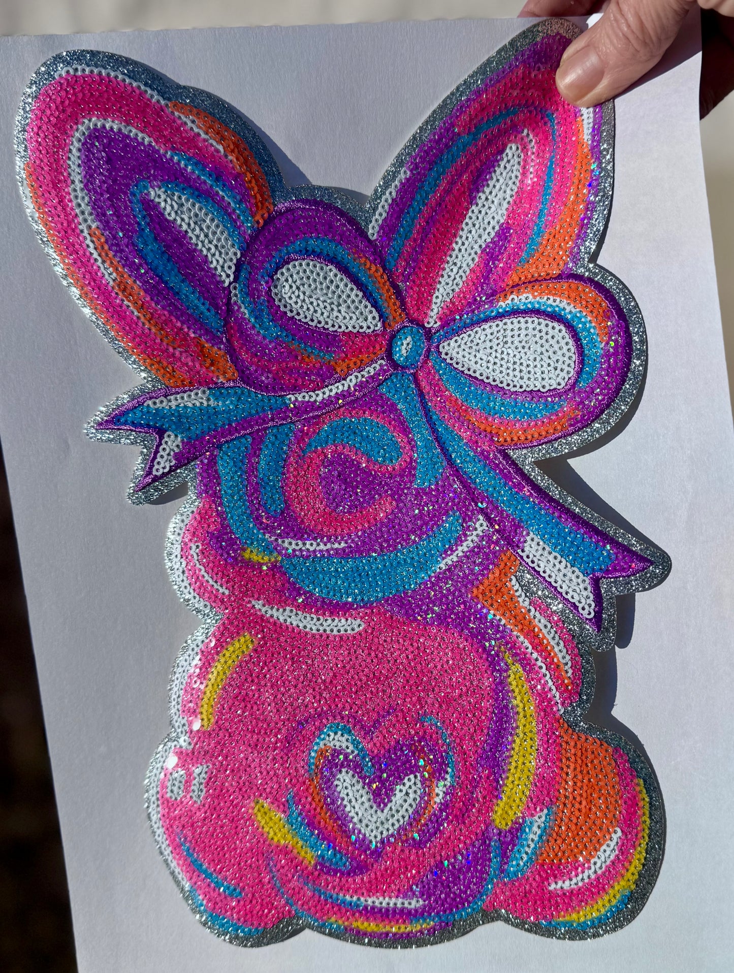 Easter Patches, Sequin Bunny Patch: Sequin Iron-On Applique (10.75” x 7”)