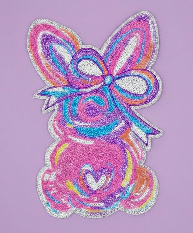 Easter Patches, Sequin Bunny Patch: Sequin Iron-On Applique (10.75” x 7”)