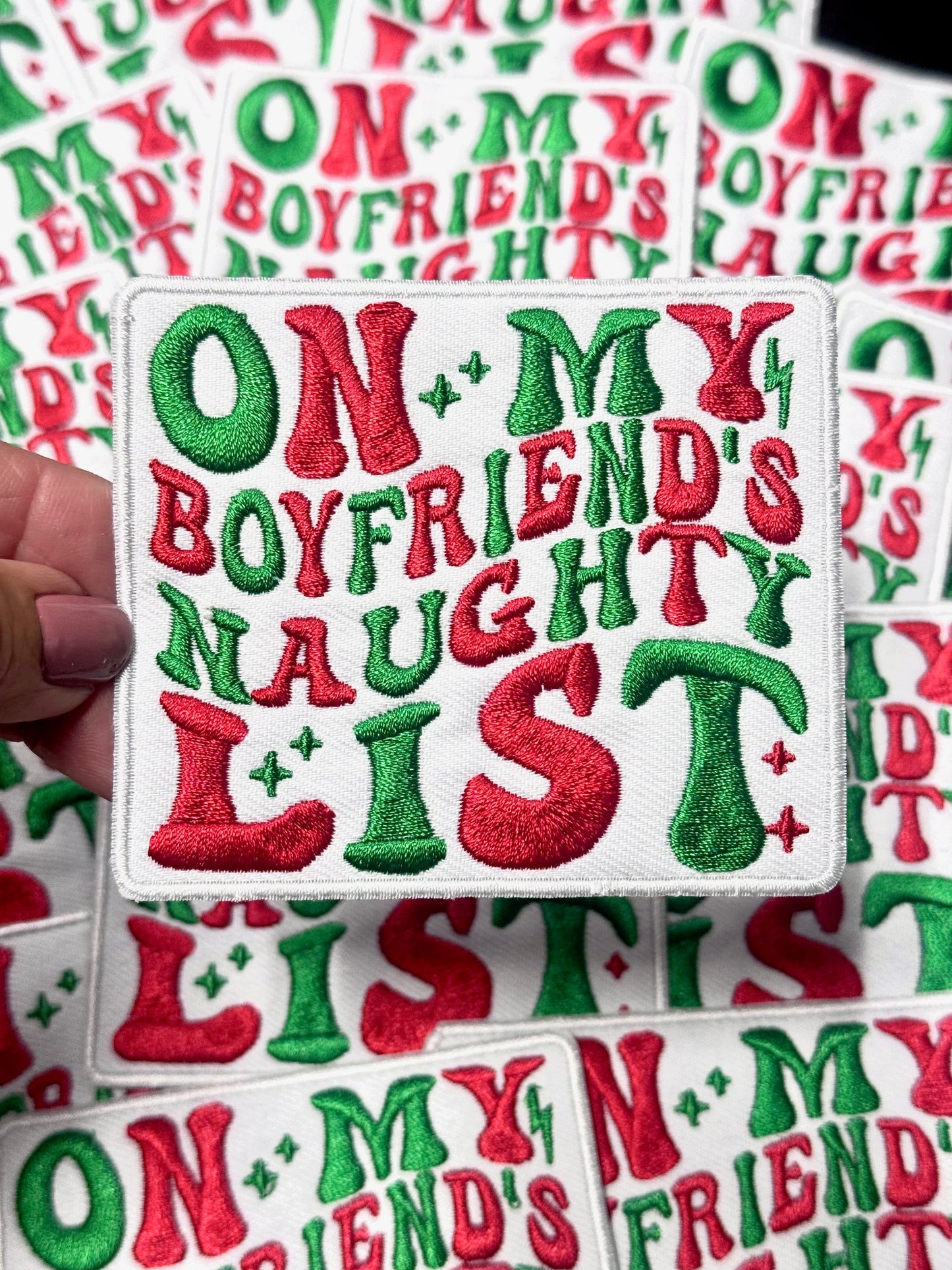 Naughty List Patch, Christmas Patch, Custom 3.5" Patch, Trucker Hat Patch, On My Boyfriend's Naughty List Patch, Iron on Patch, DIY Patch