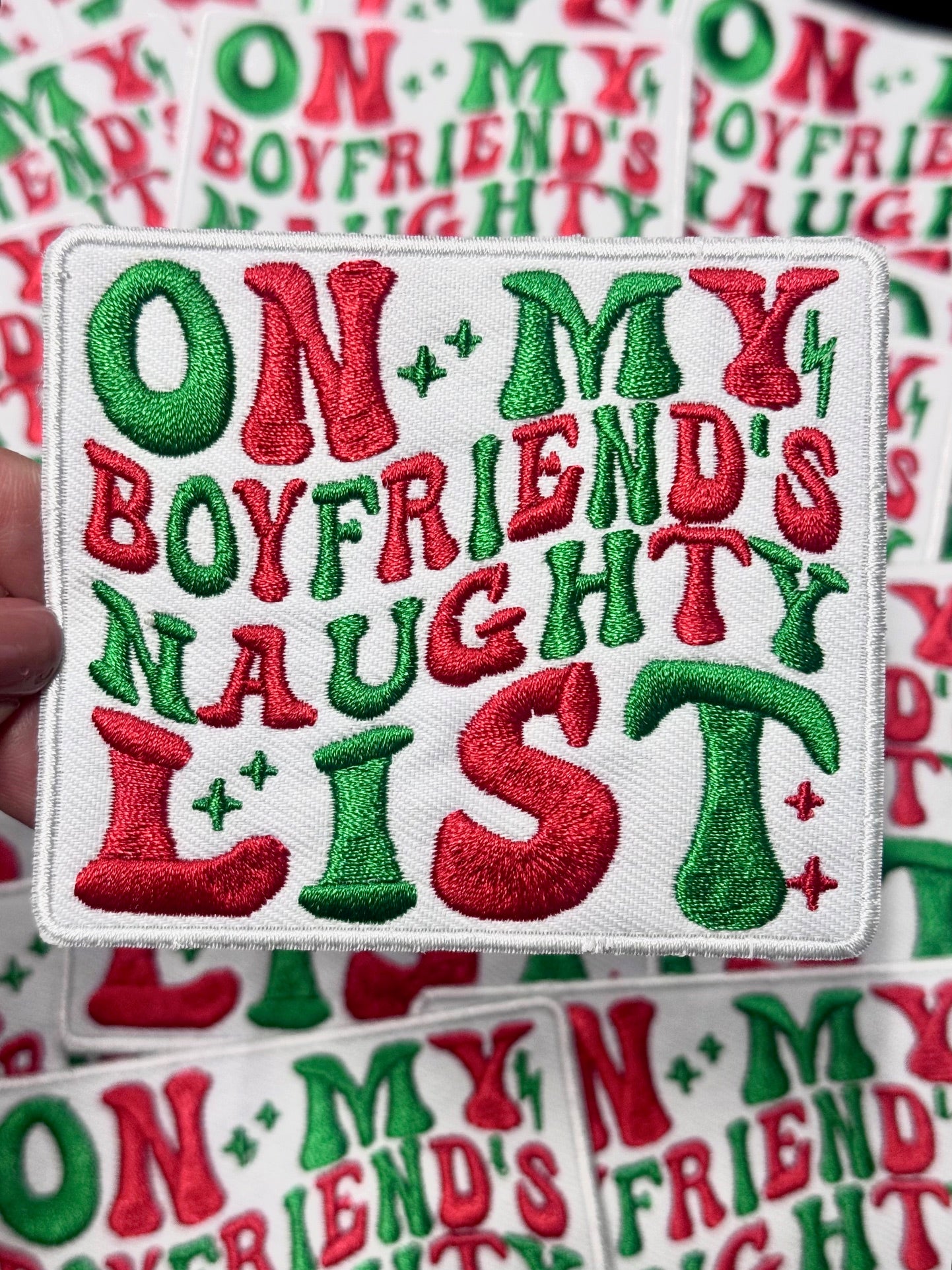 Naughty List Patch, Christmas Patch, Custom 3.5" Patch, Trucker Hat Patch, On My Boyfriend's Naughty List Patch, Iron on Patch, DIY Patch