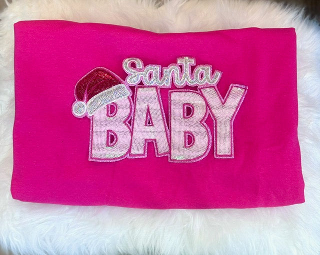 Sequin Santa Baby, 11 inch patch, Christmas Patch, Iron On Patch, Holiday Patch, DIY Patch, Sweatshirt Patch. Pink Patch