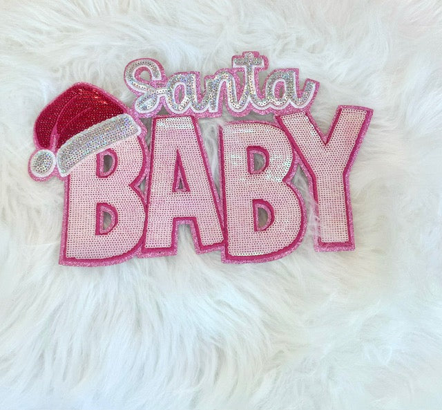 Sequin Santa Baby, 11 inch patch, Christmas Patch, Iron On Patch, Holiday Patch, DIY Patch, Sweatshirt Patch. Pink Patch