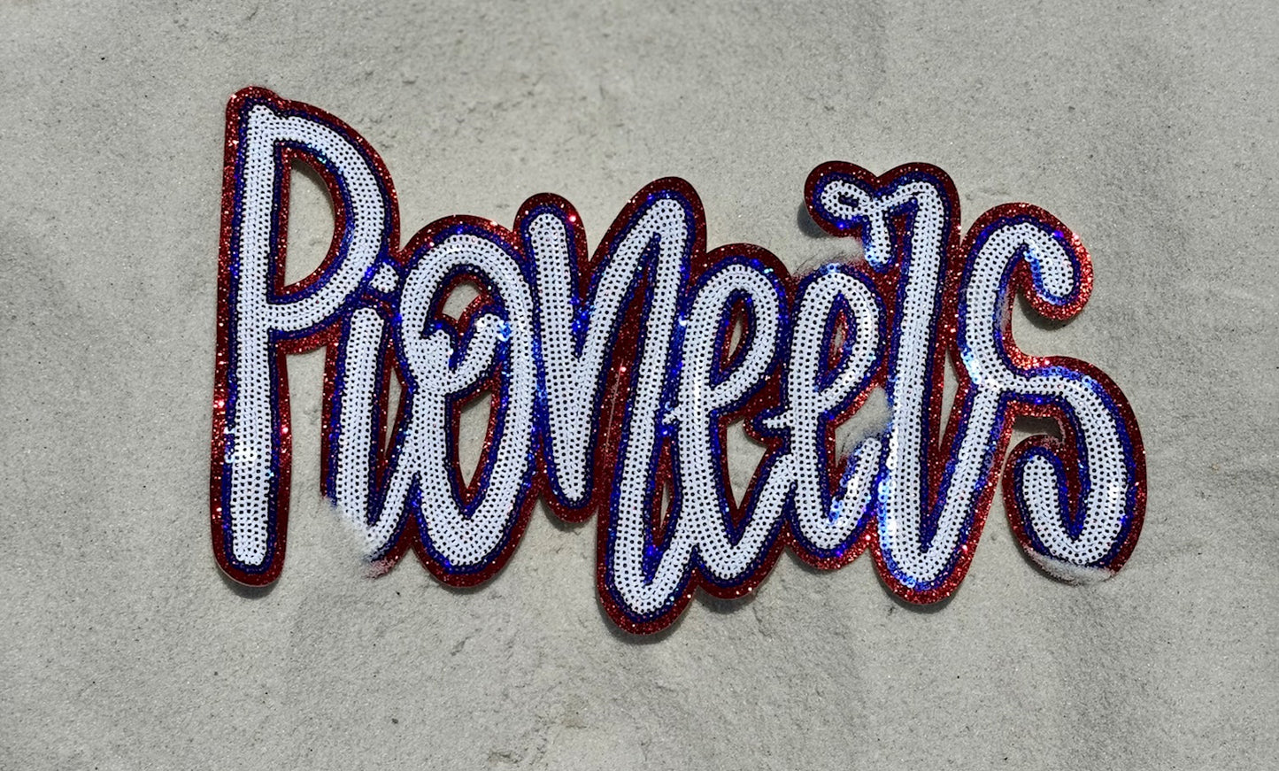 Sequin Pioneers Patch: Red Glitter Iron-On Sports Patch