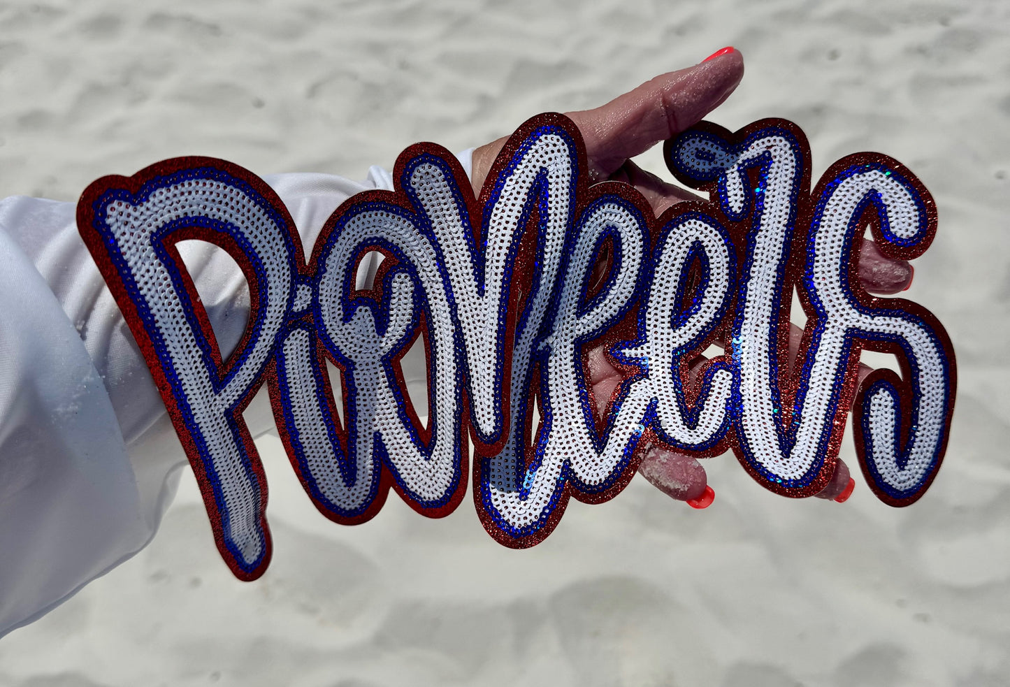 Sequin Pioneers Patch: Red Glitter Iron-On Sports Patch