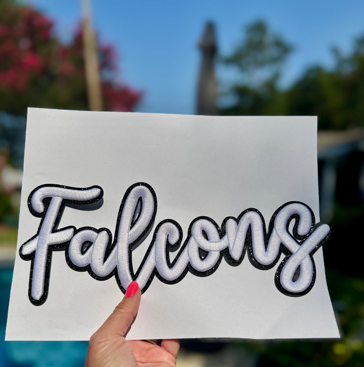 Puff Embroidered Falcons Patch: Black Glitter Iron-On Sports Patch
