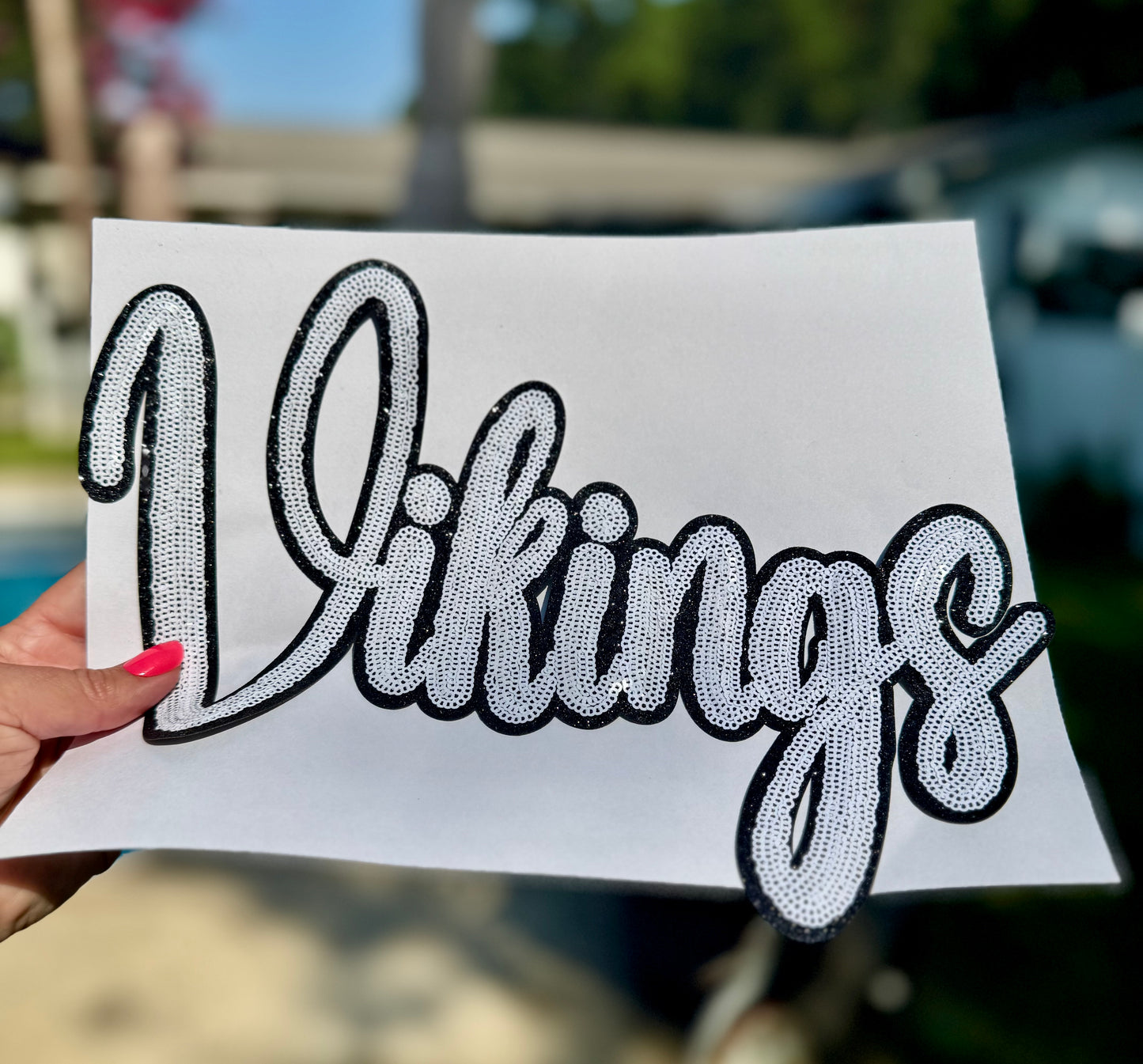 Sequin Vikings Patch: Black Glitter Iron-On Sports Patch