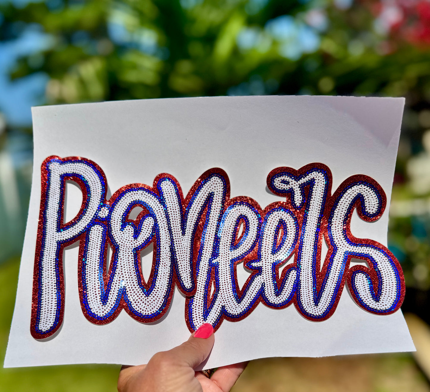 Sequin Pioneers Patch: Red Glitter Iron-On Sports Patch
