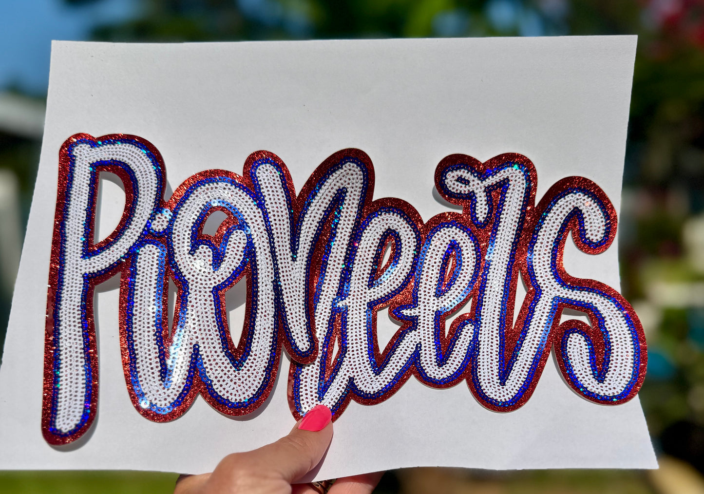 Sequin Pioneers Patch: Red Glitter Iron-On Sports Patch
