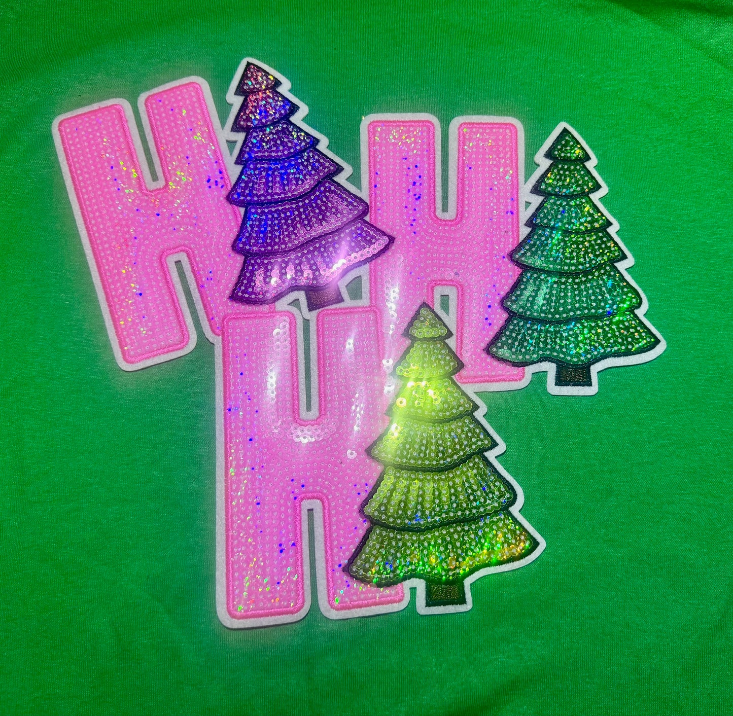 Sequin Ho Ho Ho with Christmas Trees, Pink Patch, Christmas Patch, Iron on Patch, Sequin Patch, Pink Christmas Patch