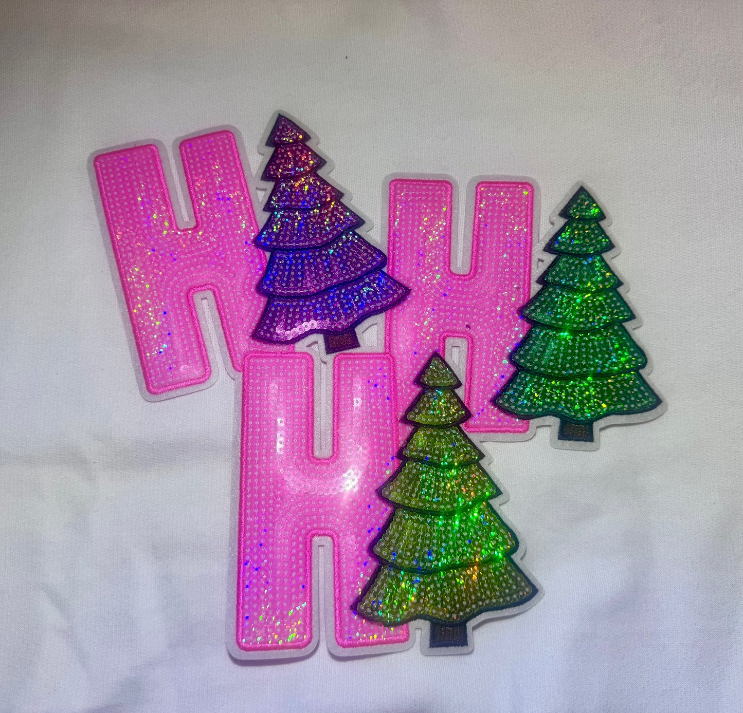 Sequin Ho Ho Ho with Christmas Trees, Pink Patch, Christmas Patch, Iron on Patch, Sequin Patch, Pink Christmas Patch