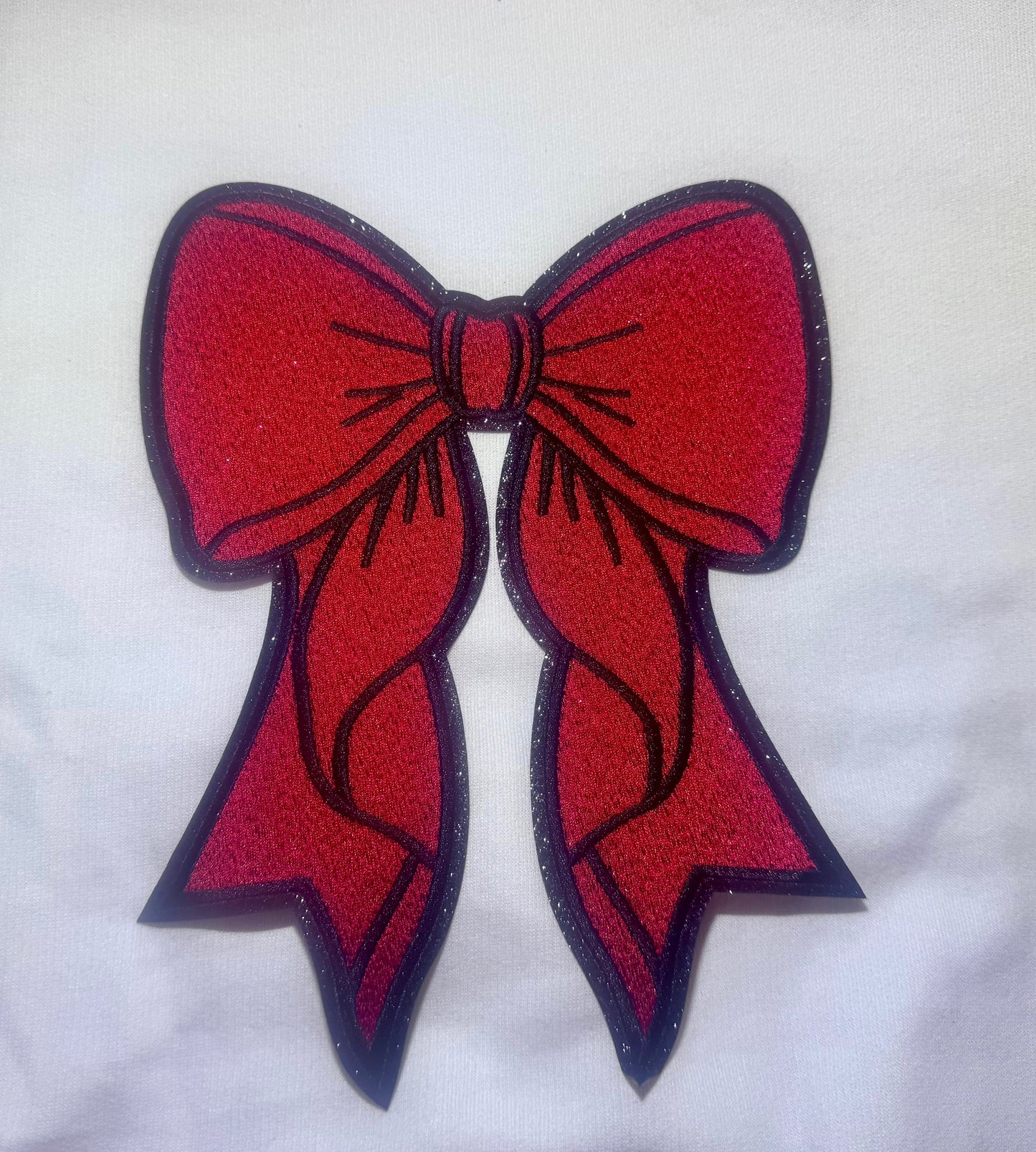 Christmas Red Bow Patch, Black Glitter Backing, Iron On, DIY patch, Bow Patch, Christmas Patch