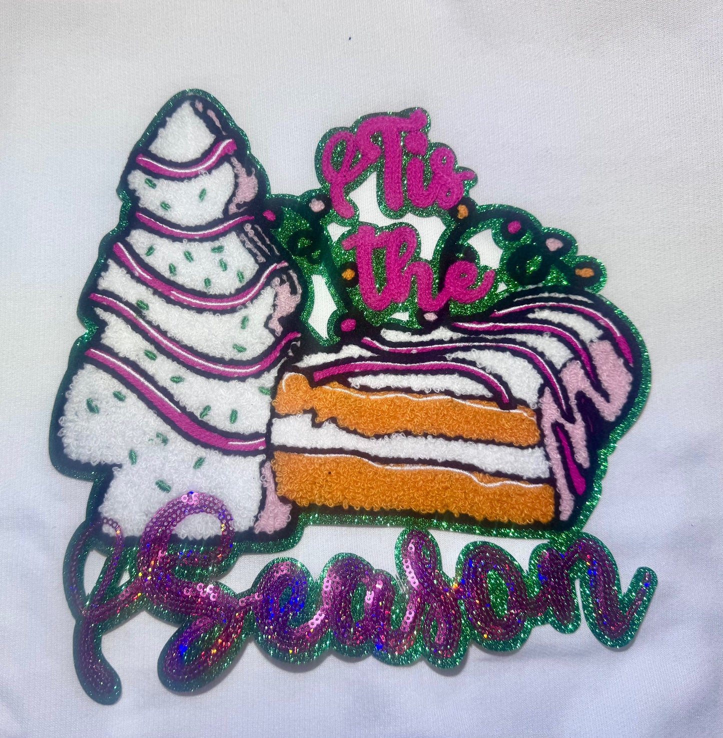 Pink Tis The Season Christmas Cake Patch, Green Glitter Backing, Iron On, DIY patch, Christmas Patch