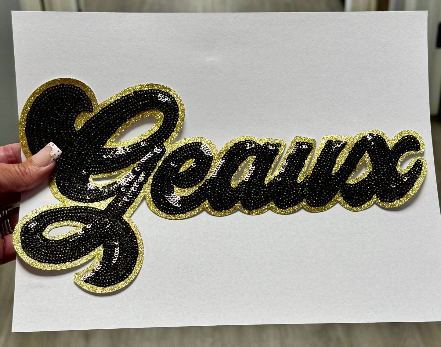 Black Sequin Script Geaux Patch: Gold Glitter Iron on Applique