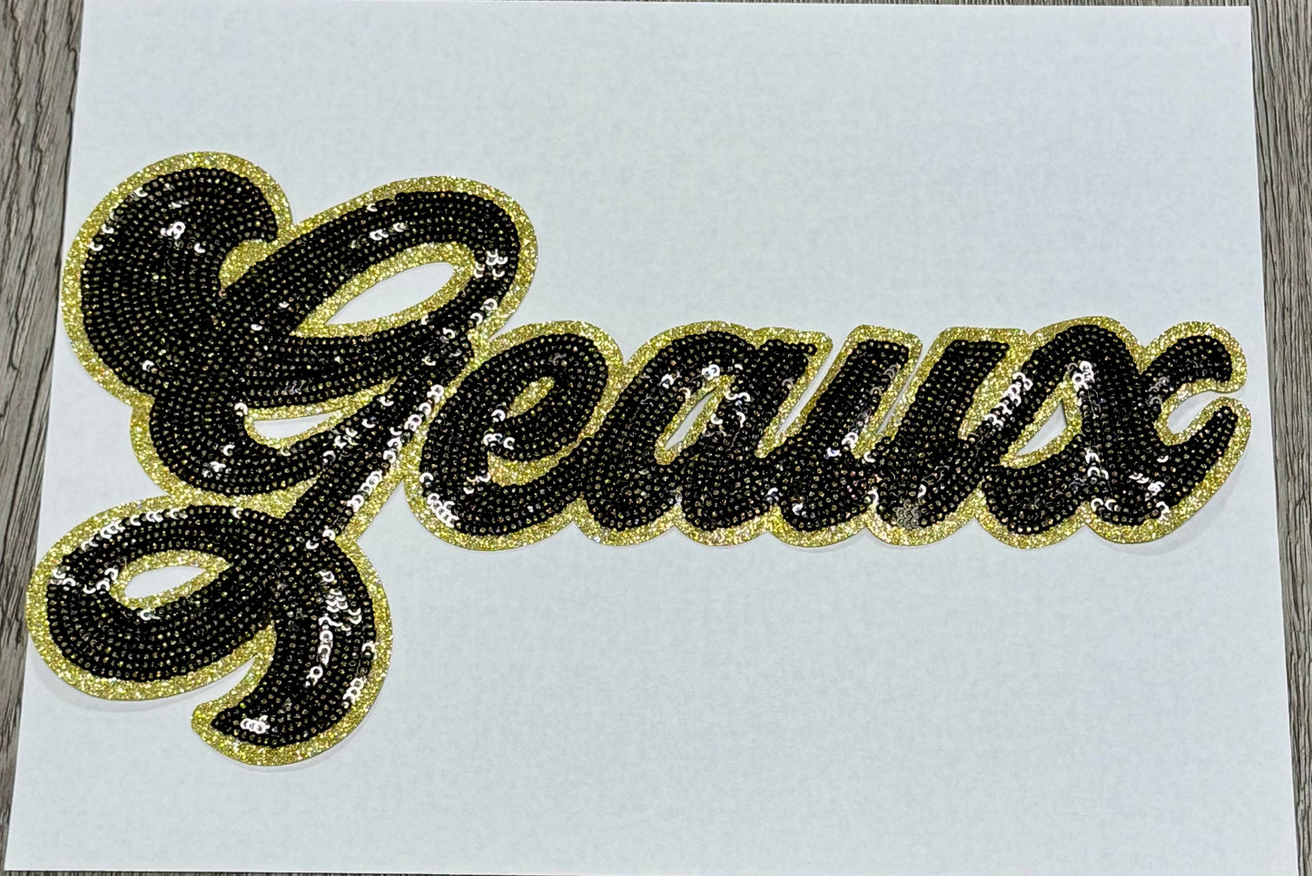 Black Sequin Script Geaux Patch: Gold Glitter Iron on Applique