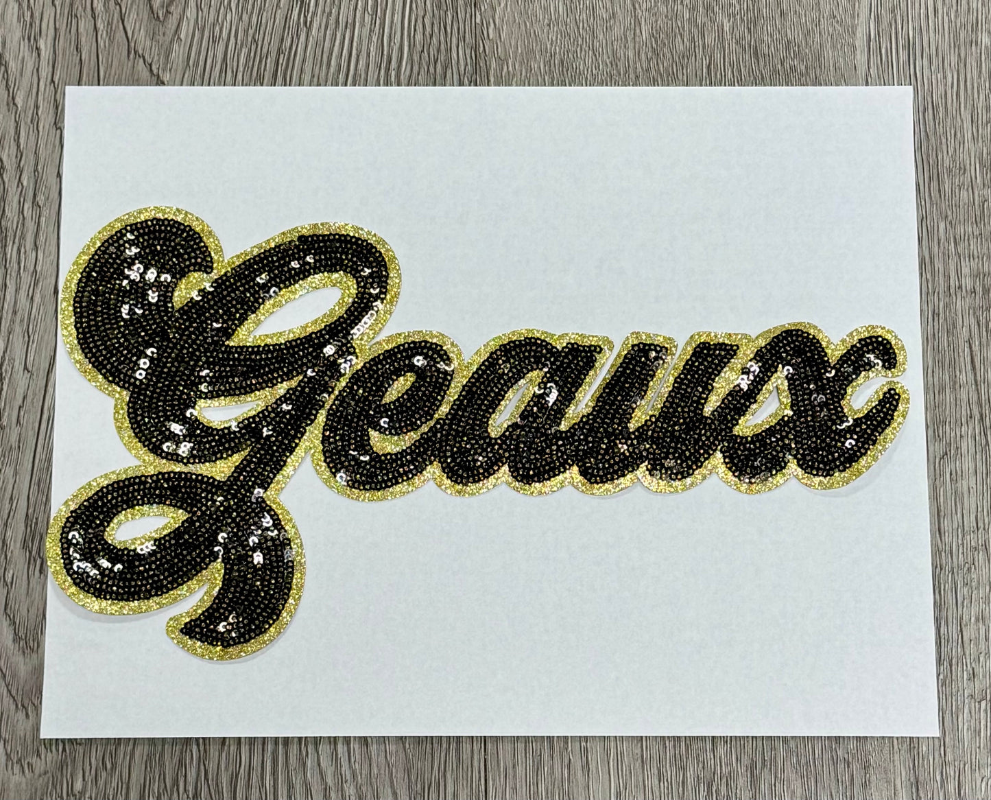 Black Sequin Script Geaux Patch: Gold Glitter Iron on Applique